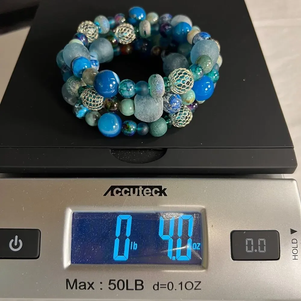 Hand Beaded Coil Statement Bracelet Beachy Turquoise Beads and Mixed Metals